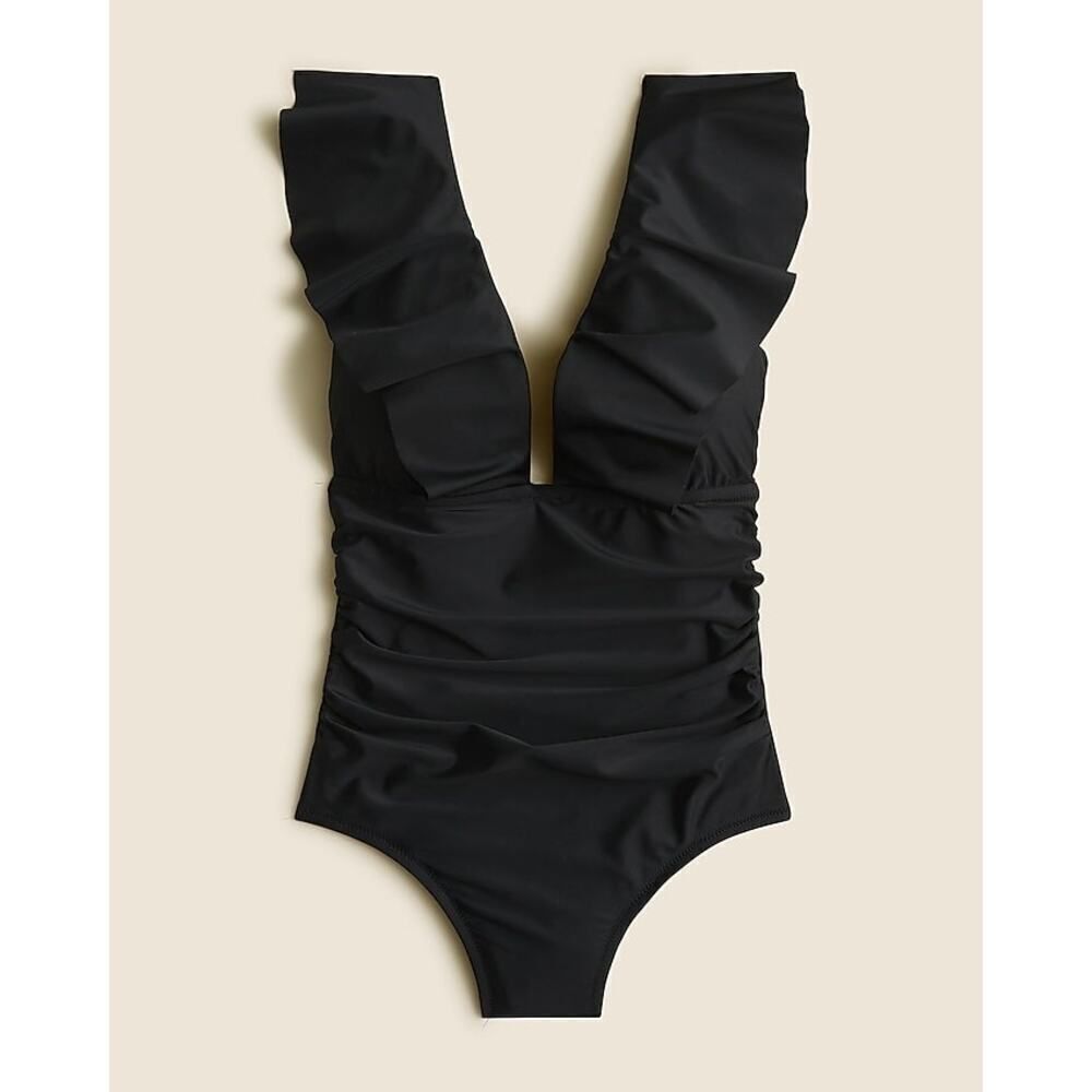 J. Crew Ruched Ruffle One-Piece Swimsuit Black Size Small‎ NWOT